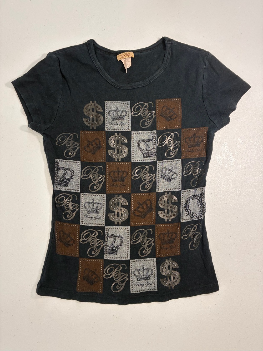 Vintage Y2K Black Graphic Baby Tee Baby Girl Dollar Sign Checker Design McBling